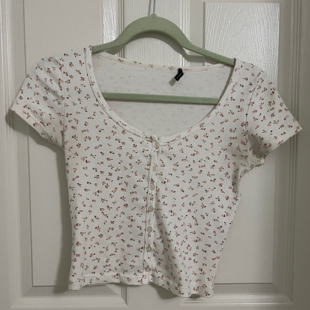 Brandy Melville White Ditsy Pink Floral Button Up Top